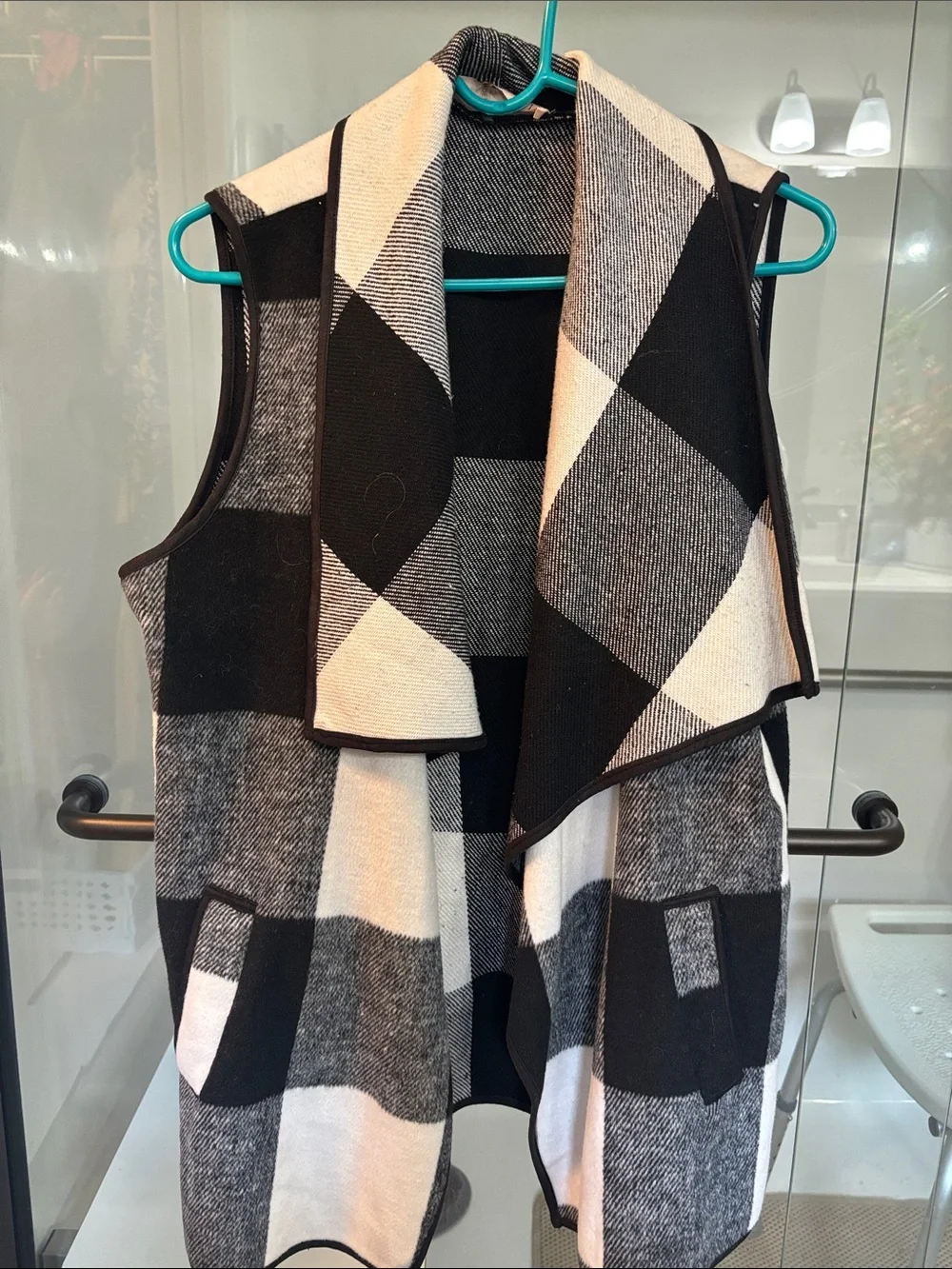 Black & White Plaid Open Front Vest